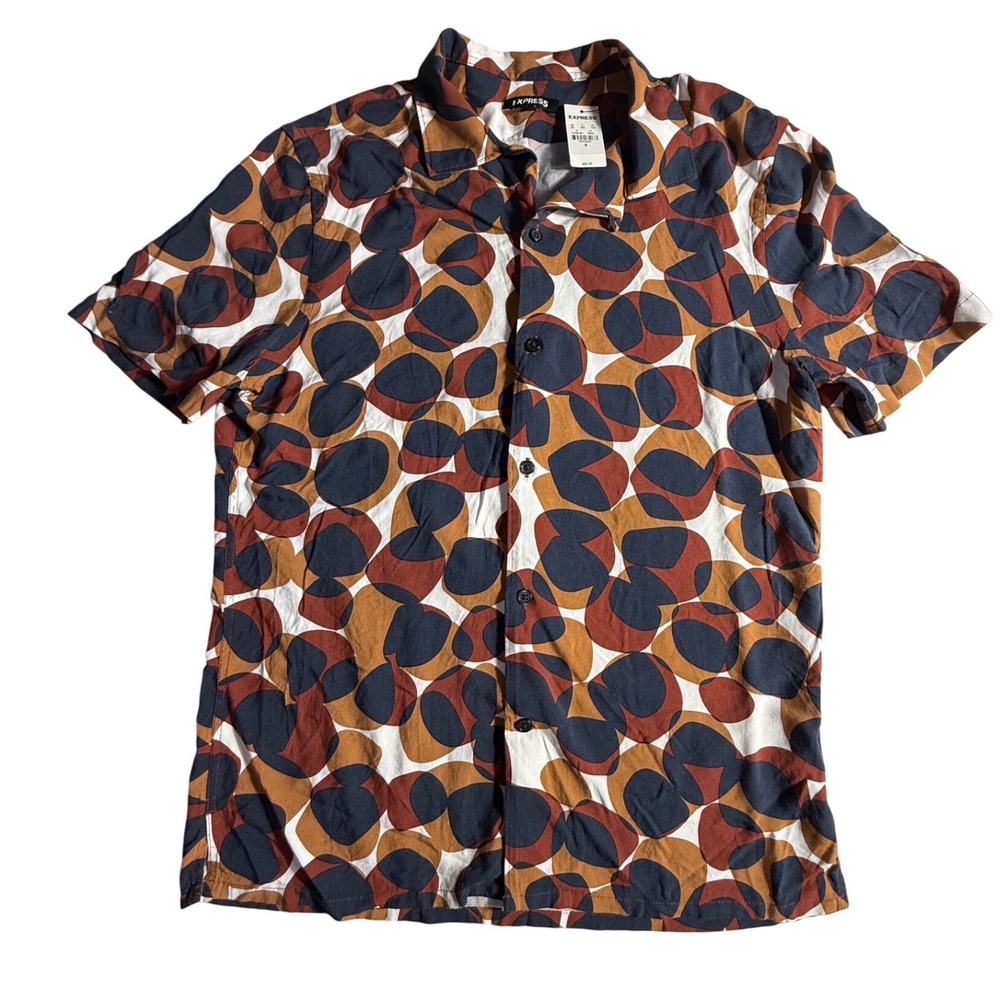 Express Abstract Geometric Print Button Down Shirt Short Sleeve Navy Rust S-1032